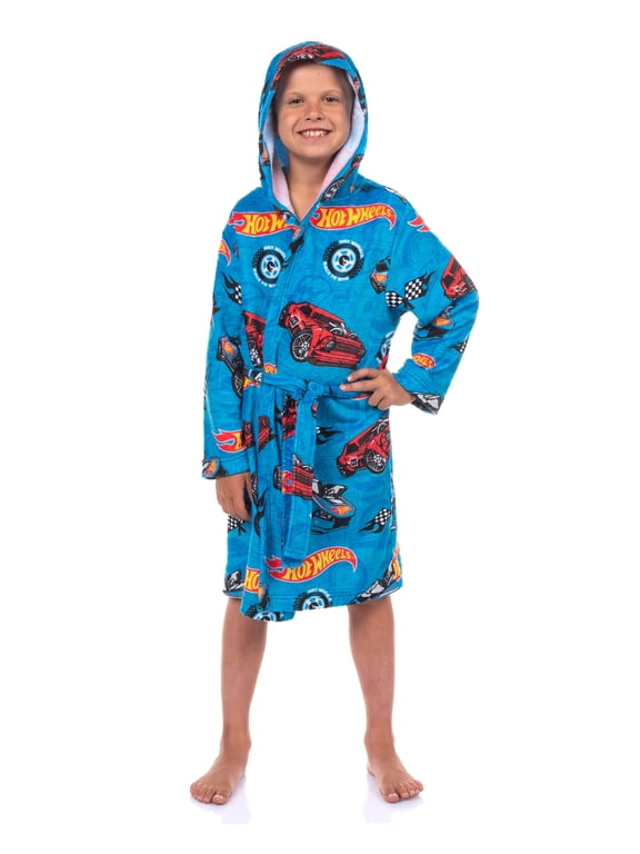 Hot Wheels Robe Boys' Soft Fleece Hooded Bathrobe w/ Tie-Closure For Kids