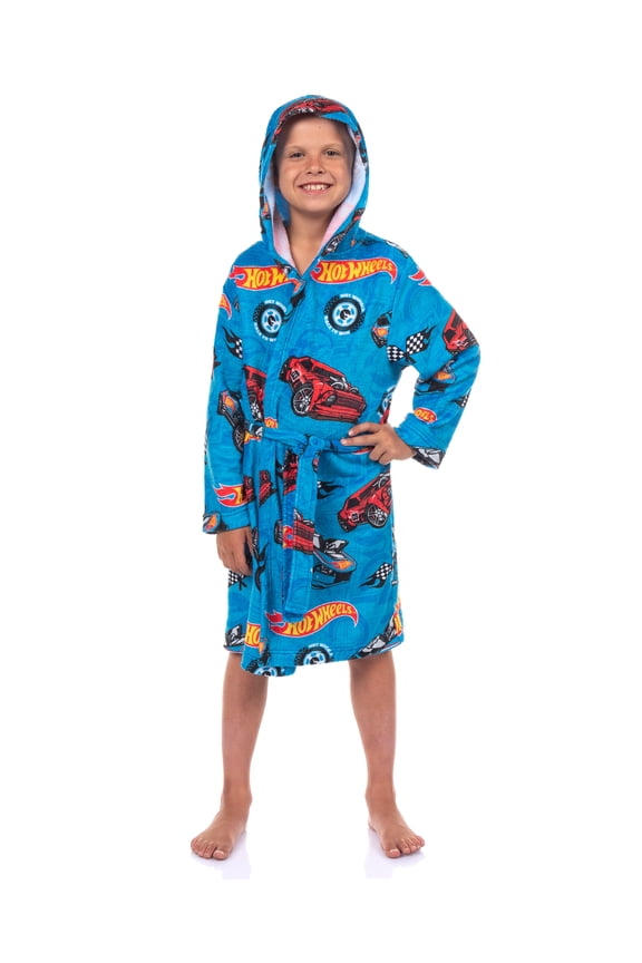 Hot Wheels Robe Boys' Soft Fleece Hooded Bathrobe w/ Tie-Closure For Kids