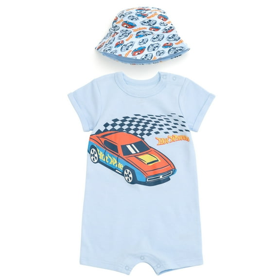 Hot Wheels Romper and Bucket Sun Hat Outfit Set Newborn to Toddler