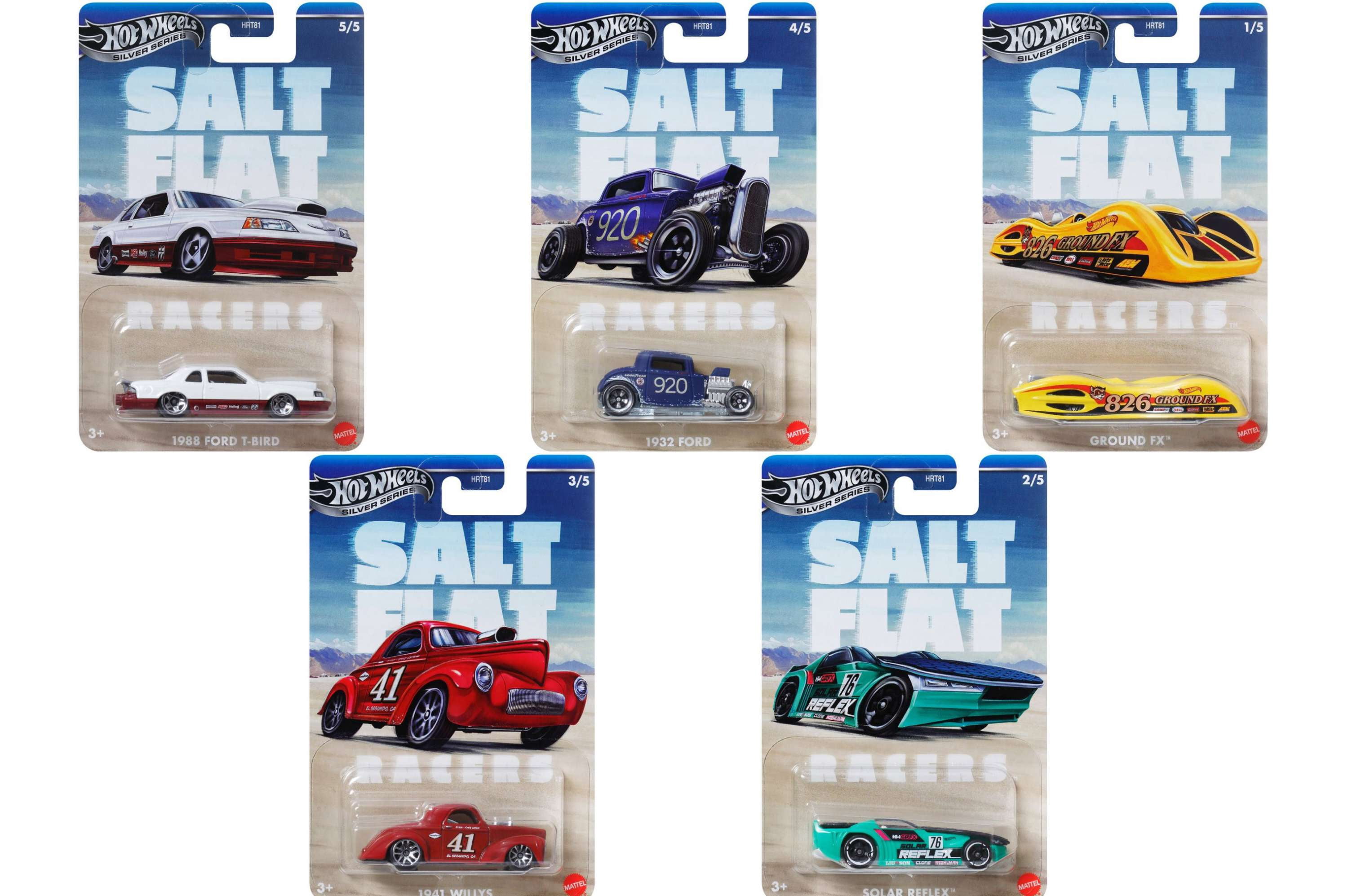Hot Wheels Salt Flat Racers Solar Reflex, 1941 Willys, Ground FX, 1932 Ford & 1988 Ford T-Bird Diecast Car Set