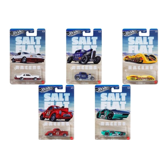 Hot Wheels Salt Flat Racers Solar Reflex, 1941 Willys, Ground FX, 1932 Ford & 1988 Ford T-Bird Diecast Car Set