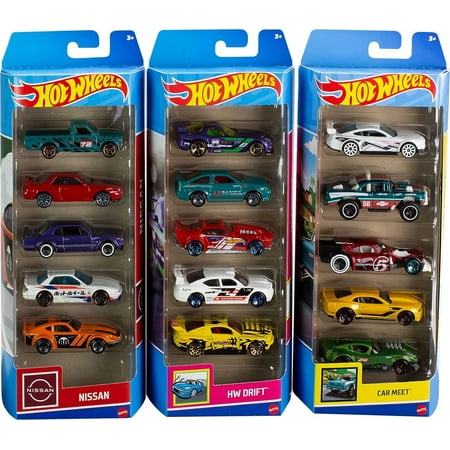 Hot Wheels Set of 15 Toy Cars or Trucks, 3 Themed 5-Packs of 1:64 Scale Die-Cast Vehicles Styles May Vary