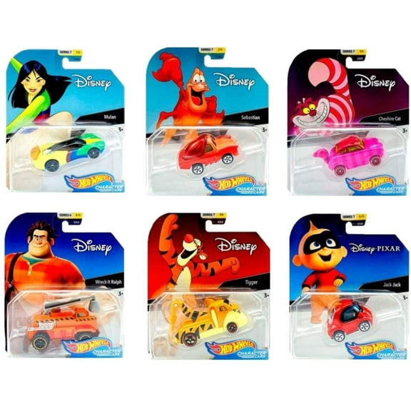 Hot Wheels Set of 6 Disney/Pixar Character Cars Series 7 1/64 Mulan, Sebastian, Cheshire Cat, Wreck-It Ralph, Tigger, and Jack Jack