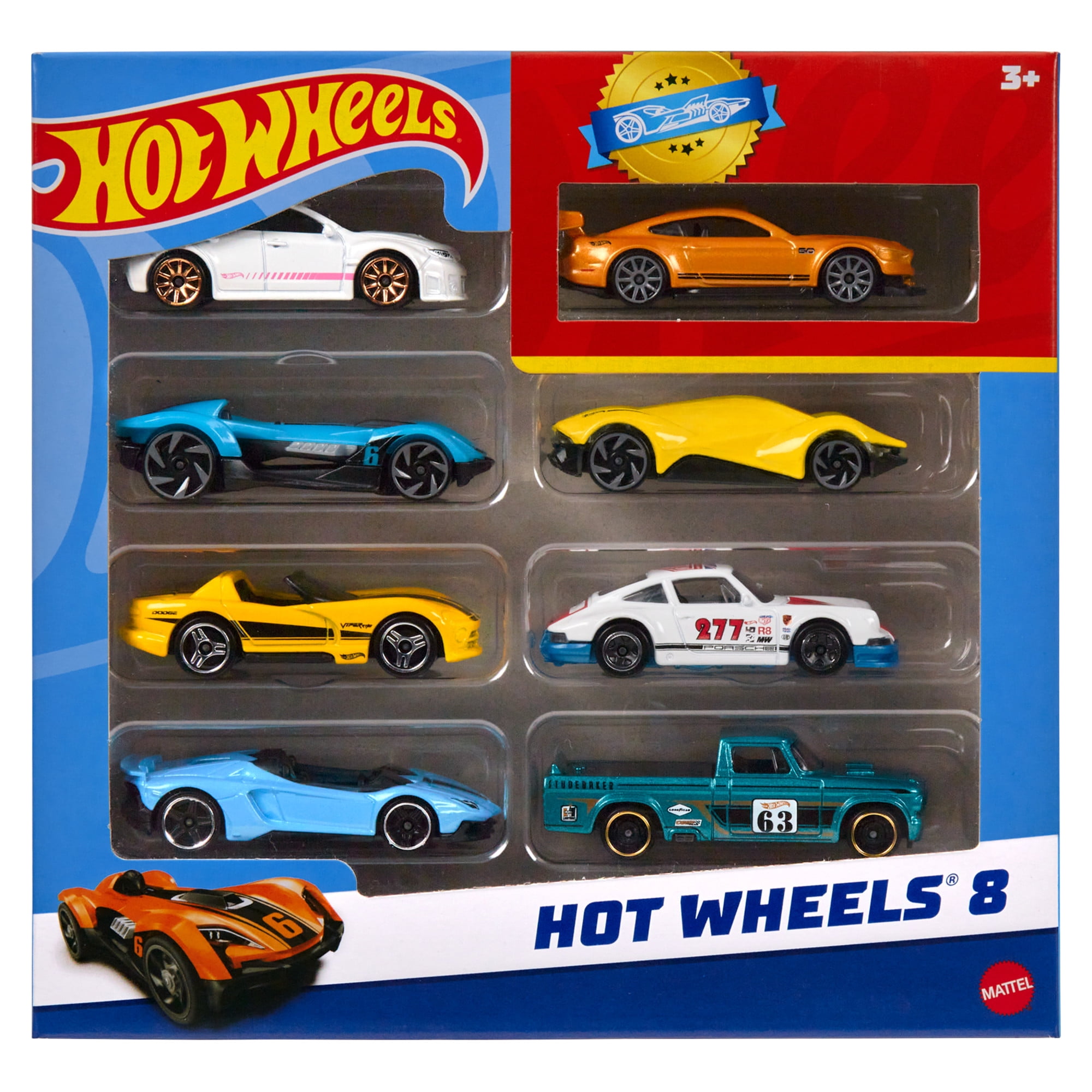 Hot Wheels Set of 8 Basic Toy Cars & Trucks in 1:64 Scale Including 1 Exclusive Car, Styles May Vary