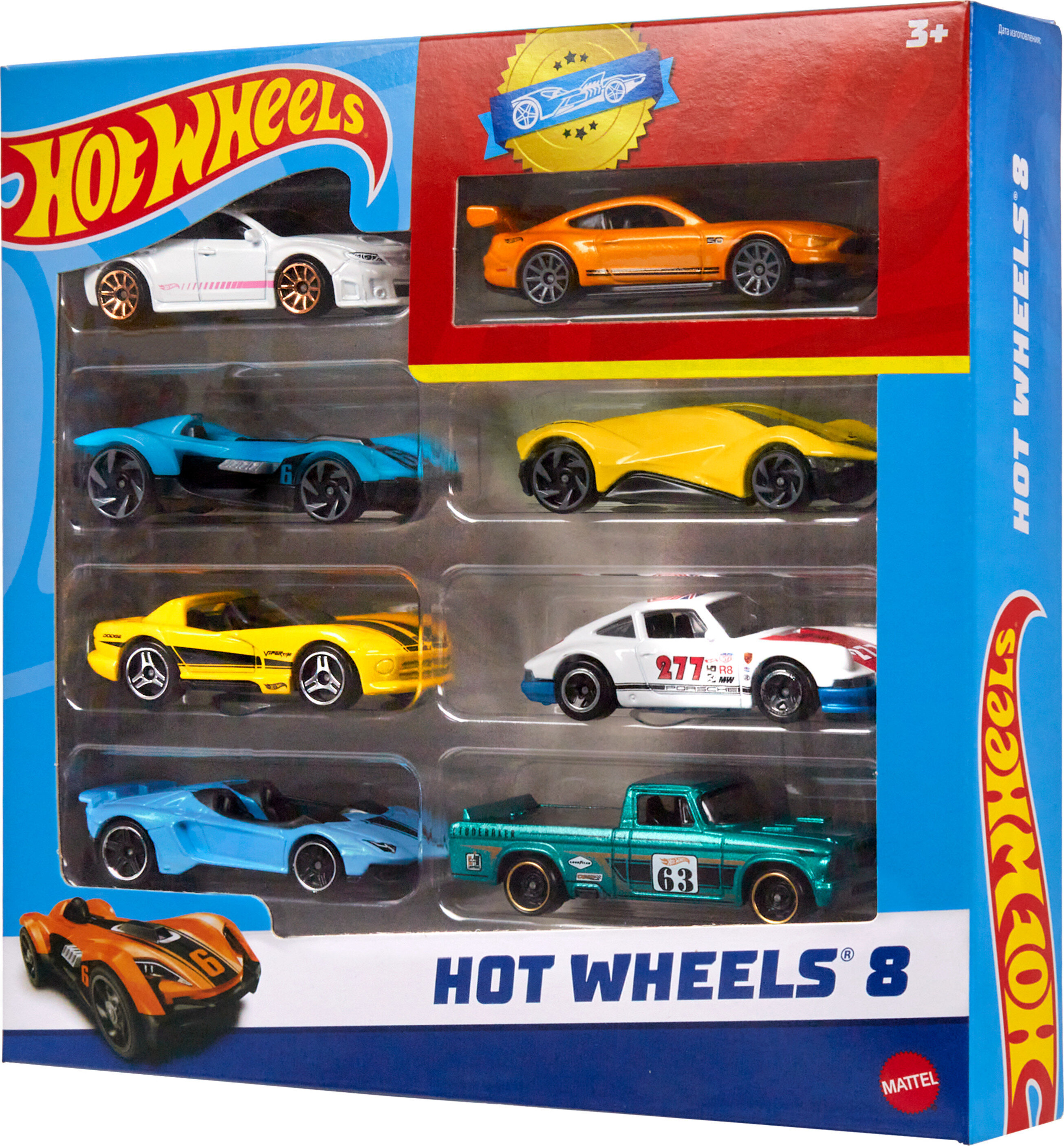 Hot Wheels Set of 8 Basic Toy Cars & Trucks in 1:64 Scale including 1 Exclusive Car, Styles May Vary - image 1 of 5