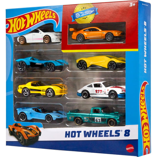 Hot Wheels Set of 8 Basic Toy Cars & Trucks in 1:64 Scale including 1 Exclusive Car, Styles May Vary