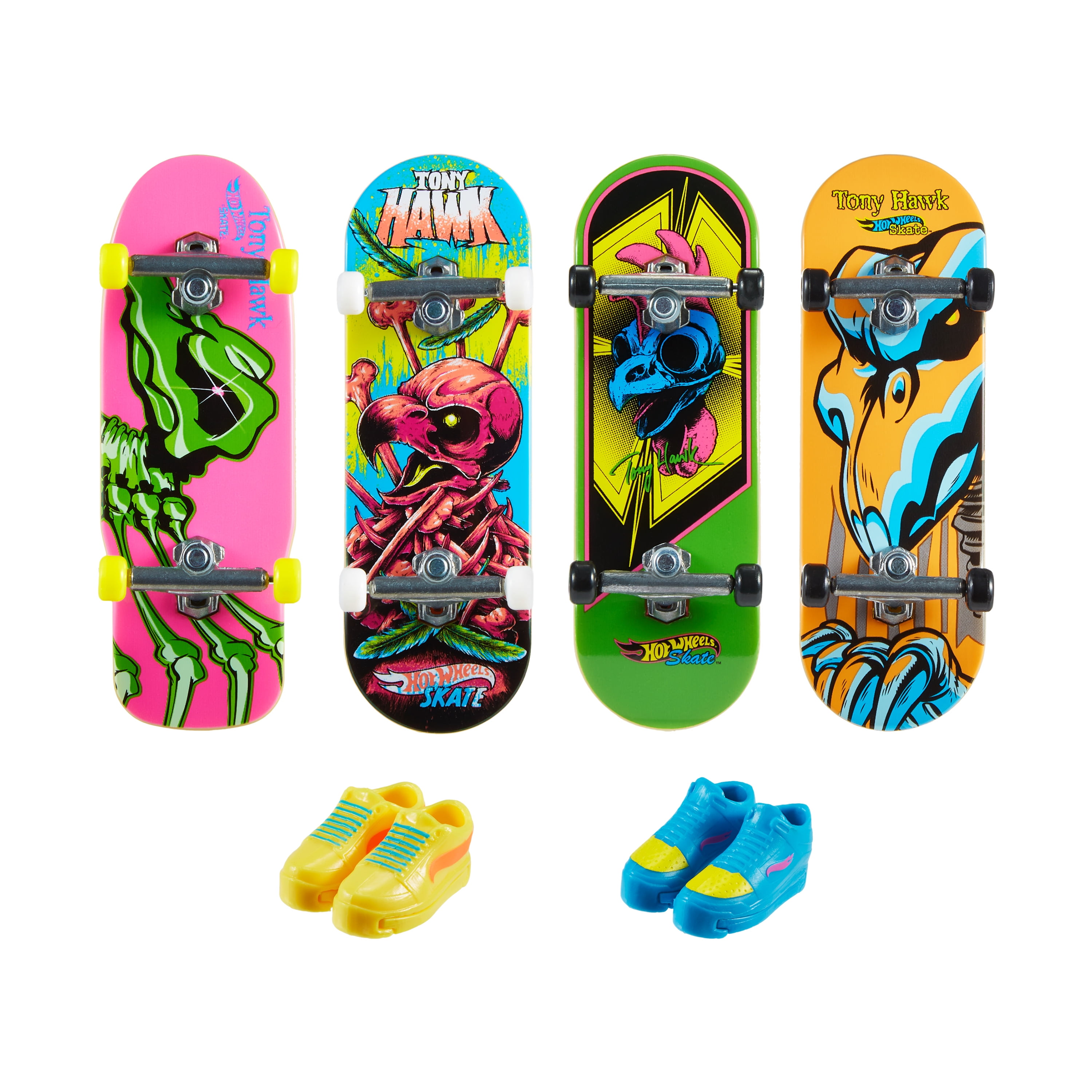 Hot Wheels Skate Neon Bones Tony Hawk Set of 4 Fingerboards and 2 Pairs of  Skate Shoes 