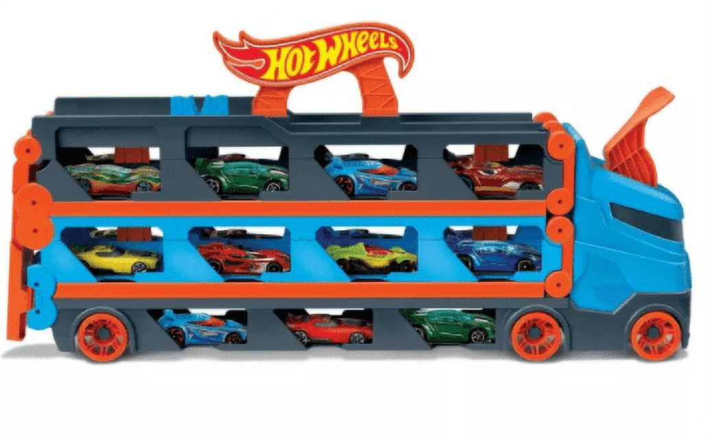 Hot Wheels City Speedway Hauler, Toy Car Storage with 2 Metre Racetrack and  Dual Launcher, 4 Level Hauler Stores 22 Toy Cars, Includes 3 Toy Cars
