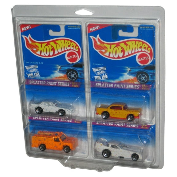 Hot Wheels Splatter Paint Series Lot Set 1-4 w/ Plastic Protector - ('80s Camaro Z-28, '55 Chevy, Rescue Ranger & Side-Splitter)