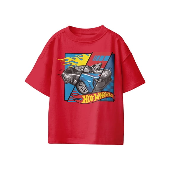 Hot Wheels Split Screen Flame Boys Graphic Short Sleeve T-Shirt (Red, S-XL)