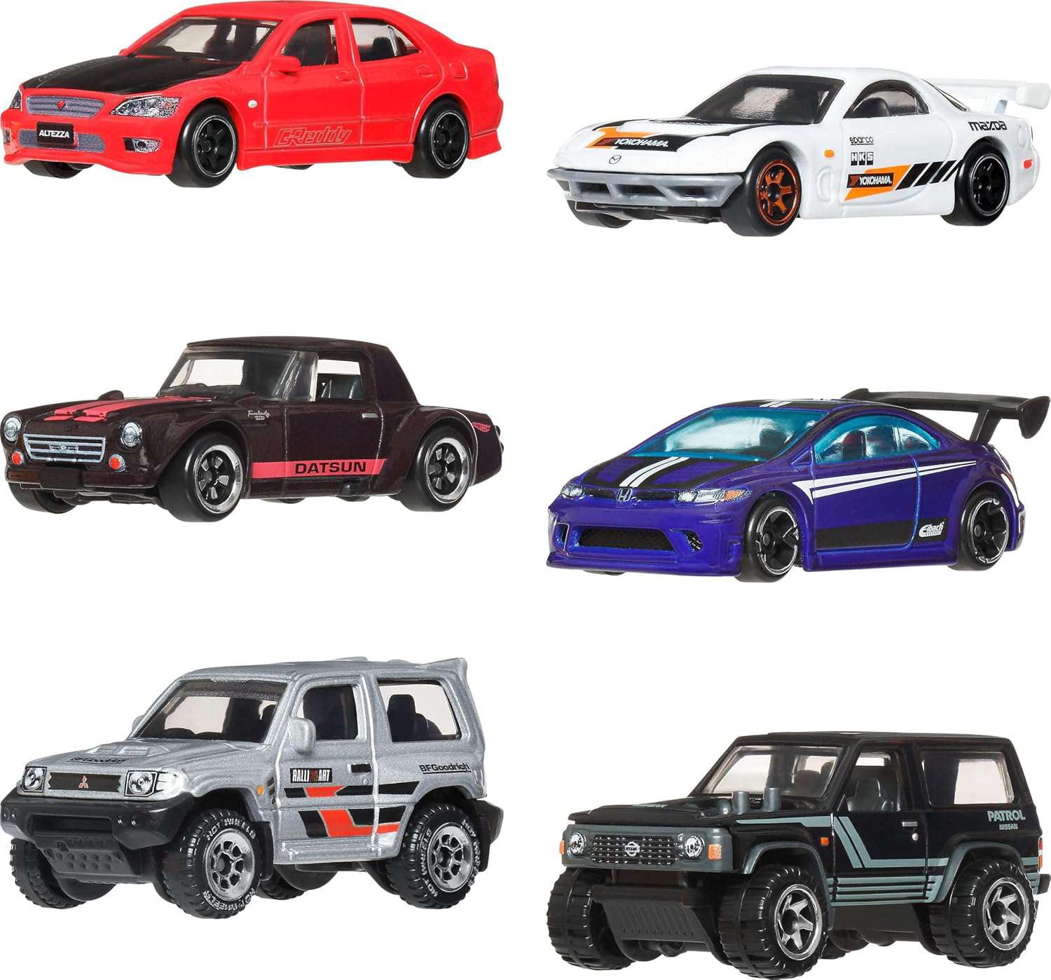 Hot Wheels Streets of Japan 2026 Nissan Patrol Custom, Mitsubishi Pajero Evolution, Datsun Fairlady 2000, '95 Mazda RX-7 Drift, Honda Civic SI & '98 Toyota Altezza Diecast Car 6-Pack