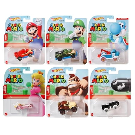 Hot Wheels Super Mario Character Cars Collection, 6-Pack Die-Cast Toy Vehicles, Ages 3+