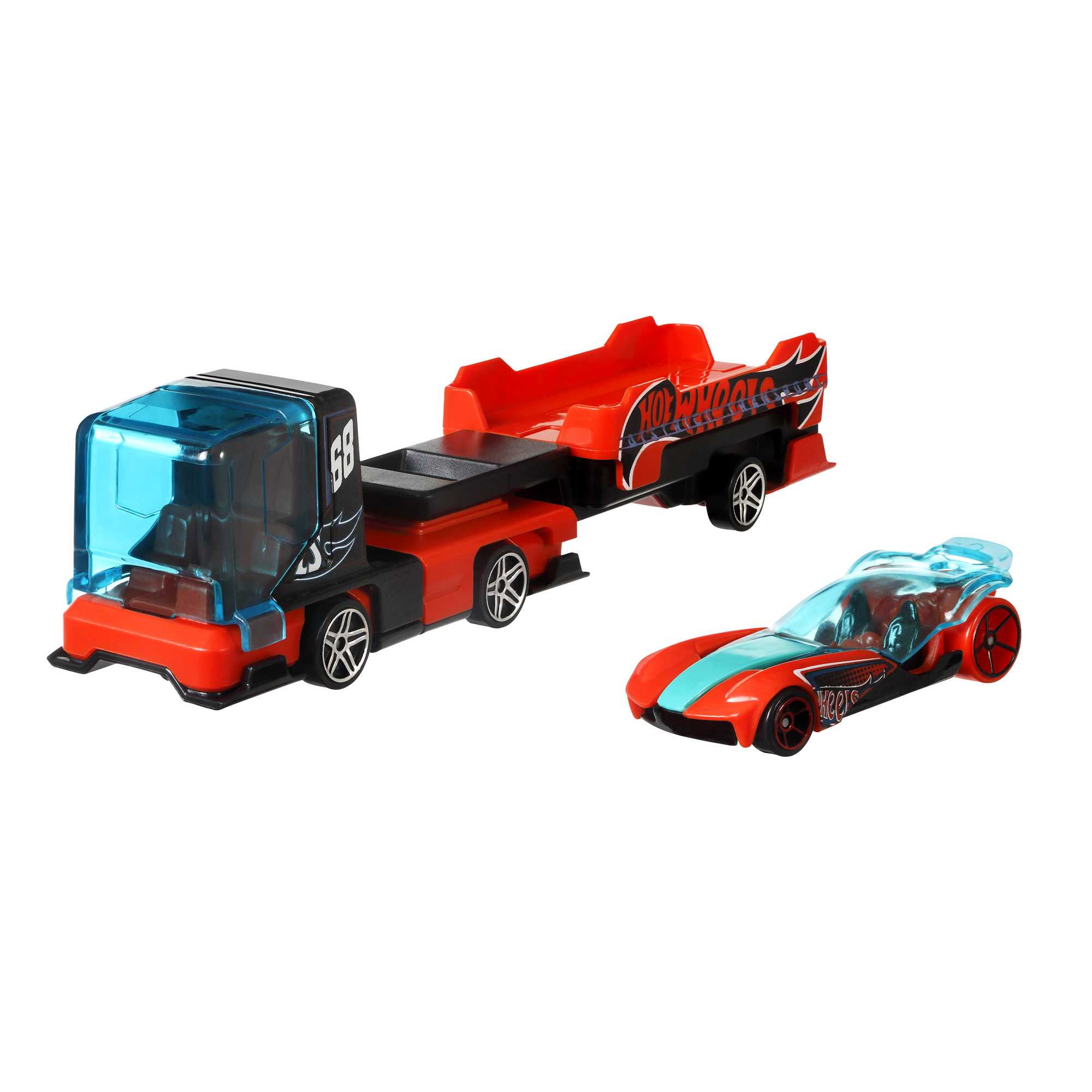 Hot Wheels Super Rigs 1 64 Scale Toy Car and Matching Transporter 2 Vehicles Styles May Vary