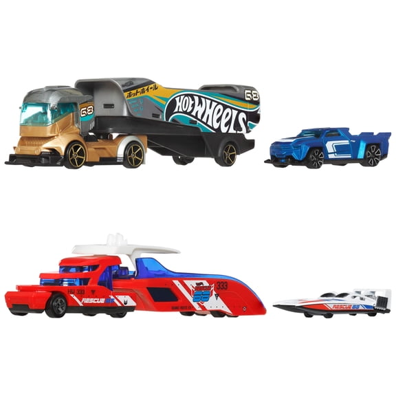 Hot Wheels Super Rigs, 1:64 Scale Toy Car and Matching Transporter, 2 Vehicles (Styles May Vary)