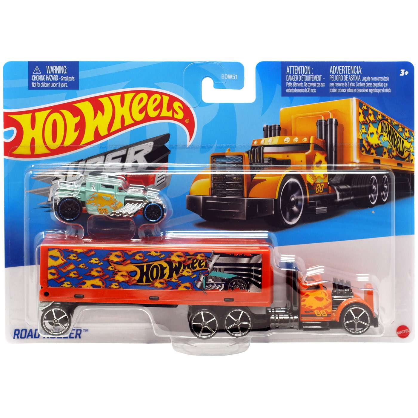 Hot Wheels Transporter Truck + 3 voitures et accessoires de route