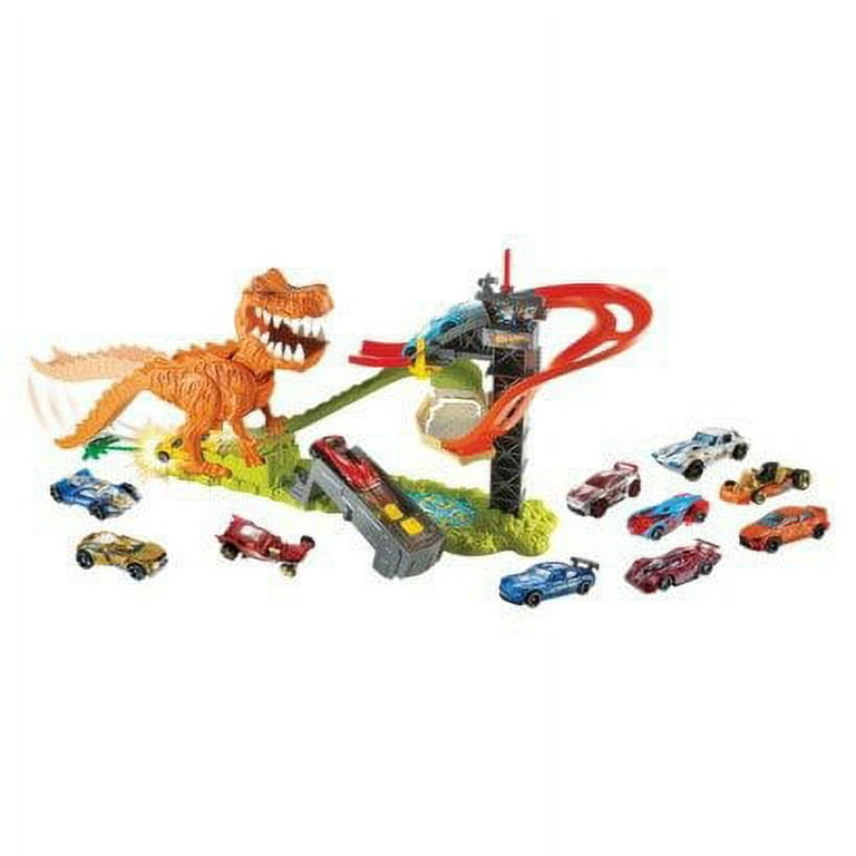 2011 Hot Wheels T-Rex Takedown Track Play Set Dino Sounds 18 Cars - Sealed  Rare