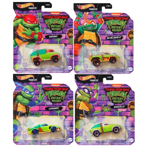Hot Wheels TMNT Mutant Mayhem Character Cars, Teenage Mutant Ninja Turtles Collectible Set, Leonardo, Raphael, Michelangelo, Donatello, 4 Pack HHB74-956L