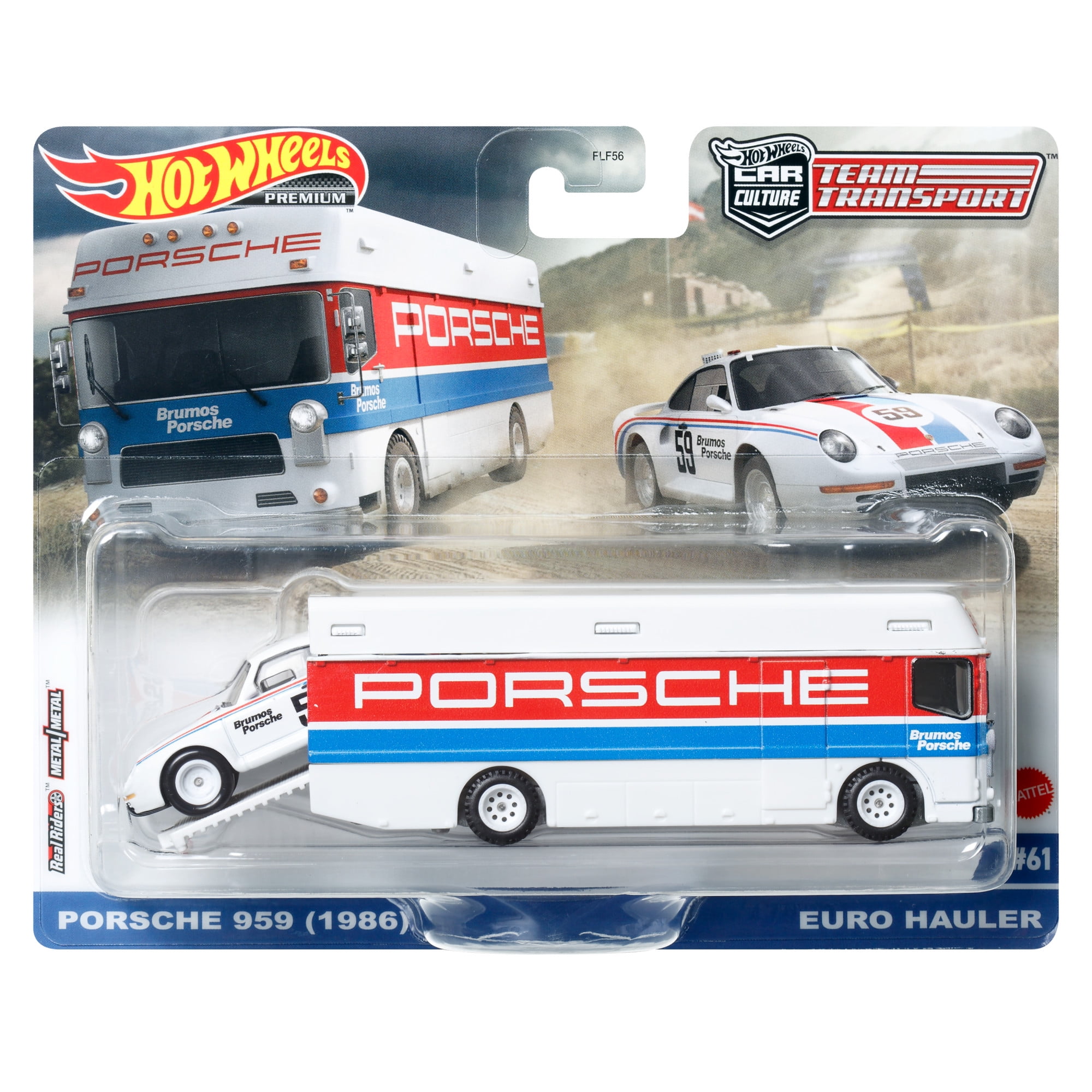 Hot Wheels Team Transport Toy Truck & Race Car, 1986 Porsche 959 & Euro Hauler Collectible Set