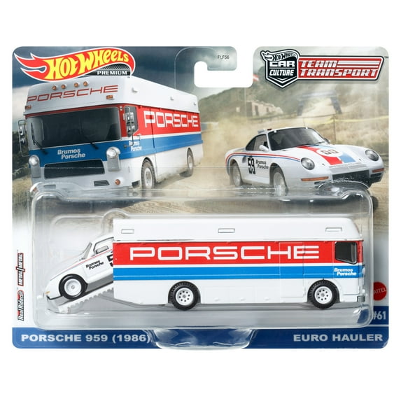 Hot Wheels Team Transport Toy Truck & Race Car, 1986 Porsche 959 & Euro Hauler Collectible Set