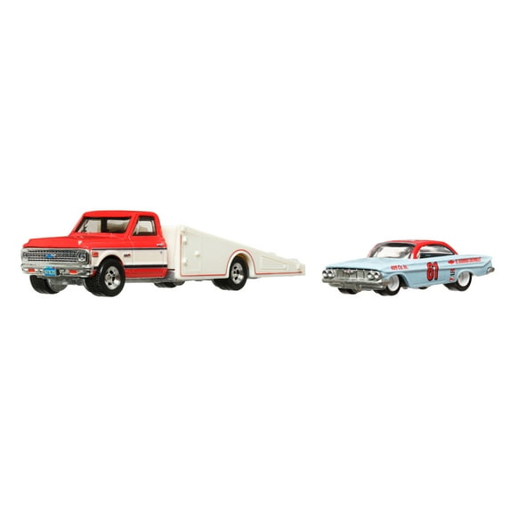 Hot Wheels Team Transport Toy Truck & Race Car, '72 Chevy Ramp Truck & '61 Impala Collectible Set