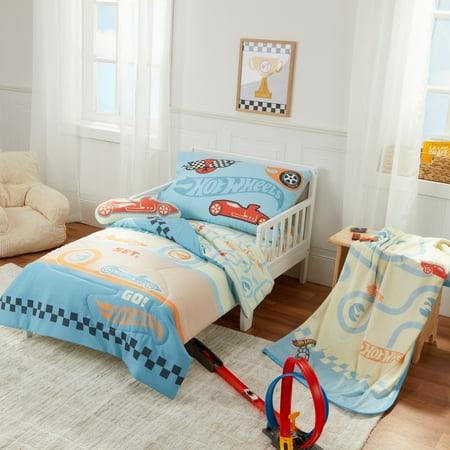 Hot Wheels Toddler Bedding, 5Pc Set, Comforter, Sheet, Pillowcase, Throw, Pillow