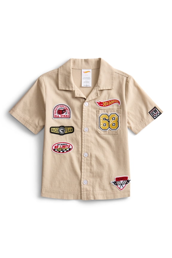 Hot Wheels Toddler Boys Short Sleeve Cotton Button Down Work Shirt with Patches, Sizes 12M-5T