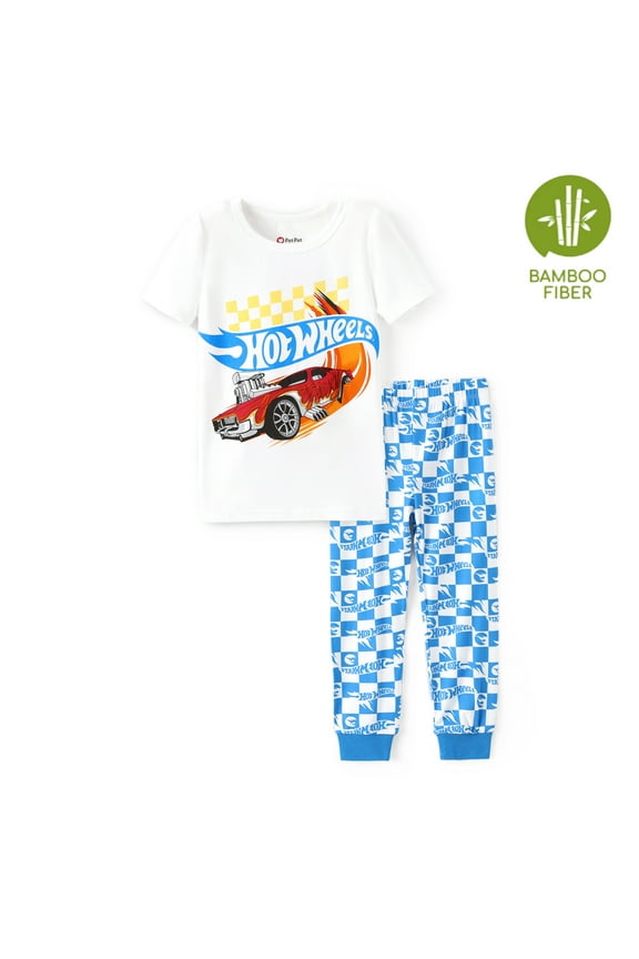 Toddler Boys Bamboo Pajamas Graphic Short Sleeves Tee with Plaid Leggings Pjs Set Sizes 2-6