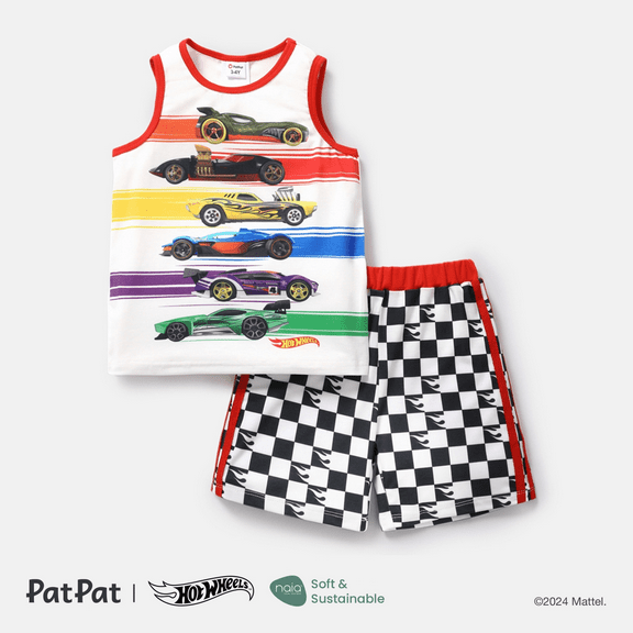 Hot Wheels Toddler Boys Graphic Sleeveless Tee with Plaid Sports Shorts 2 Pieces Outfit Set Sizes 2-6