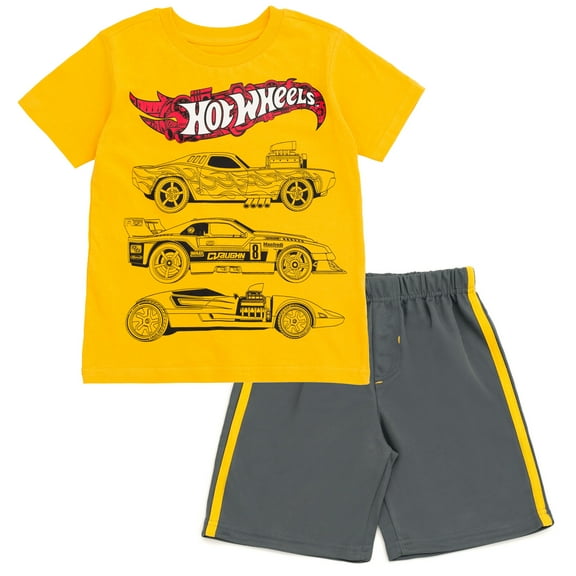 Hot Wheels Toddler Boys T-Shirt and Mesh Shorts Outfit Set Yellow / Gray 4T