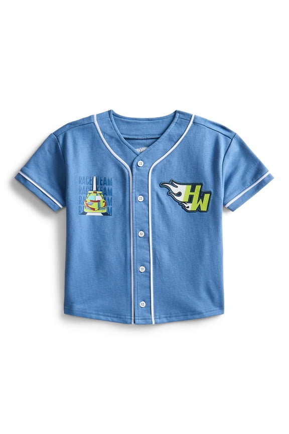 Hot Wheels Toddler Button Down Baseball Jersey with Short Sleeves, Sizes 12M-5T