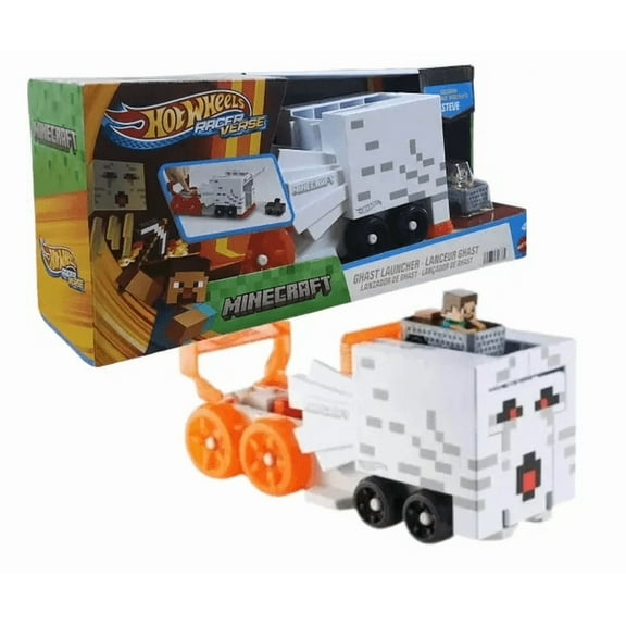 Hot Wheels Toy Car Track Set, RacerVerse Minecraft Ghast Large-Scale Launcher and Hauler with & Die-Cast Steve Vehicle
