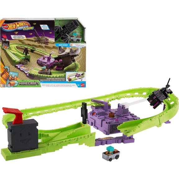 Hot Wheels Toy Car Track Set, RacerVerse Minecraft Playset & Die-Cast Diamond Armor Steve in Minecart Vehicle, Launch & Race to Defeat Ender Dragon
