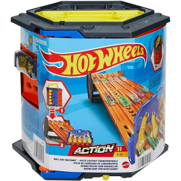 Hot Wheels Track Builder Action, Roll Out Raceway, Track Set with 5 Lane Racetrack and Toy Storage Bucket, Includes 1 Toy Car, Toys for Ages 4 to 10, One Pack, HGK41