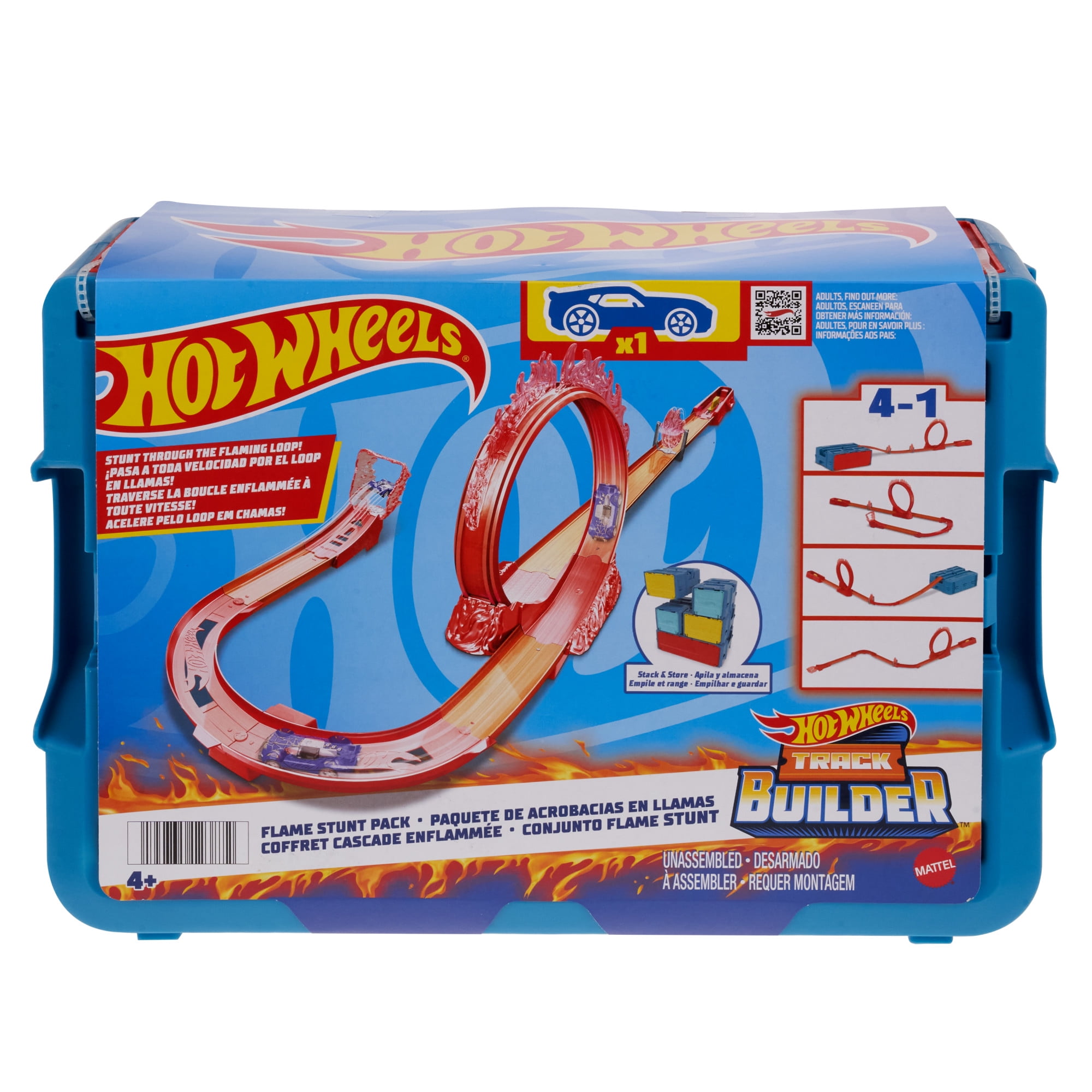 Hot Wheels Track Builder Flame Stunt Pack, Toy Car \u0026 Storage Container (16 Track Pieces)