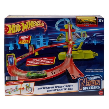 Hot Wheels Track Set, Neon Speeders Skyscraper Speed Circuit with 1 Hot Wheels Car