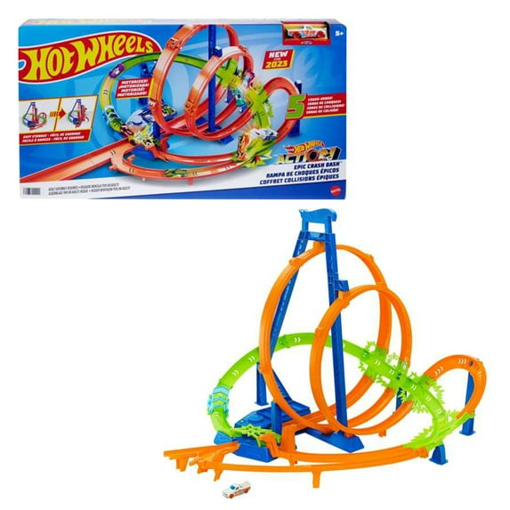 Hot Wheels Track Set w/ 5 Crash Zones, Motorized Booster, 1 Car, & 2 Loops
