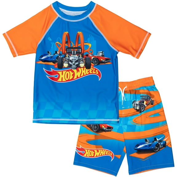 Hot Wheels UPF 50  Pullover Rash Guard Swim Trunks Outfit Set Toddler to Big Kid