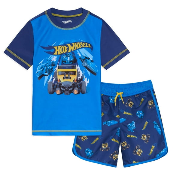 Hot Wheels UPF 50  Pullover Rash Guard and Swim Trunks Outfit Set Toddler to Little Kid