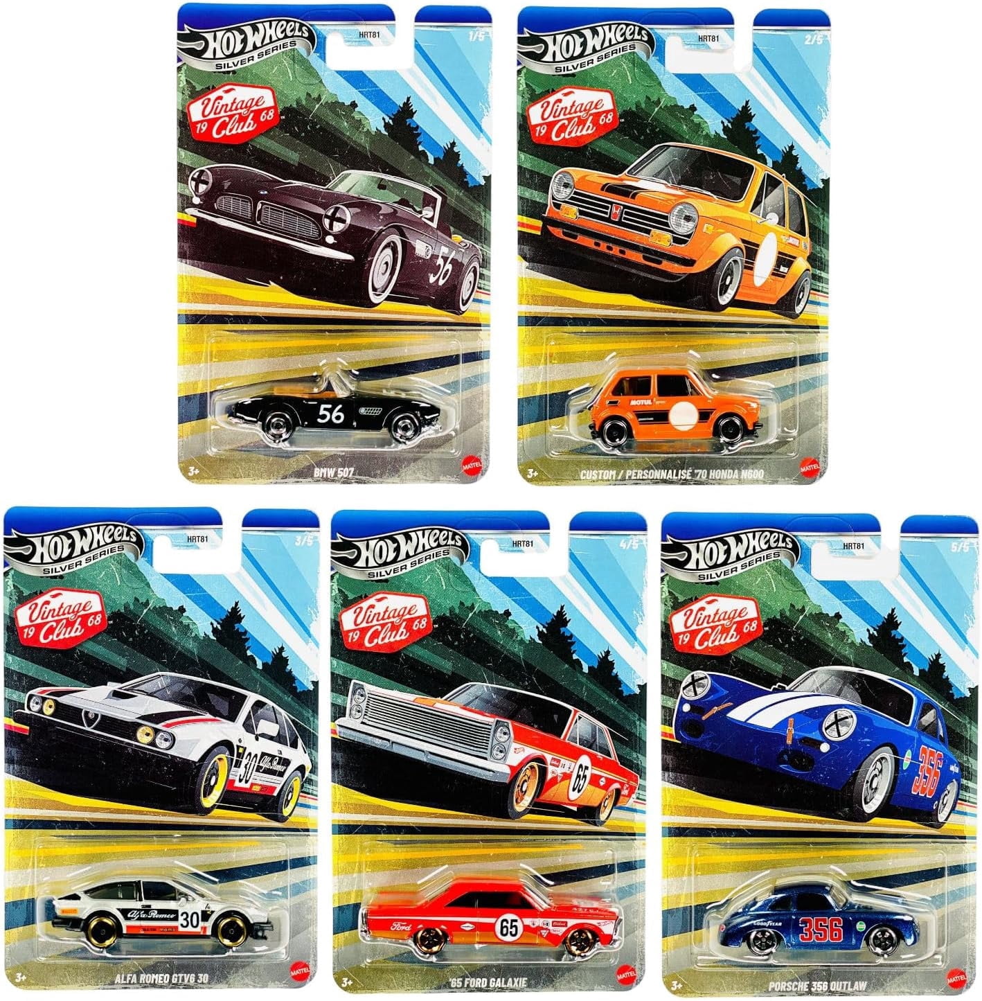 Hot Wheels Vintage Club '68 Silver Series Die-Cast Cars Set, 5-Pack, Alfa Romeo, BMW 507, Honda, Porsche, Ford Galaxie HRT81-956J