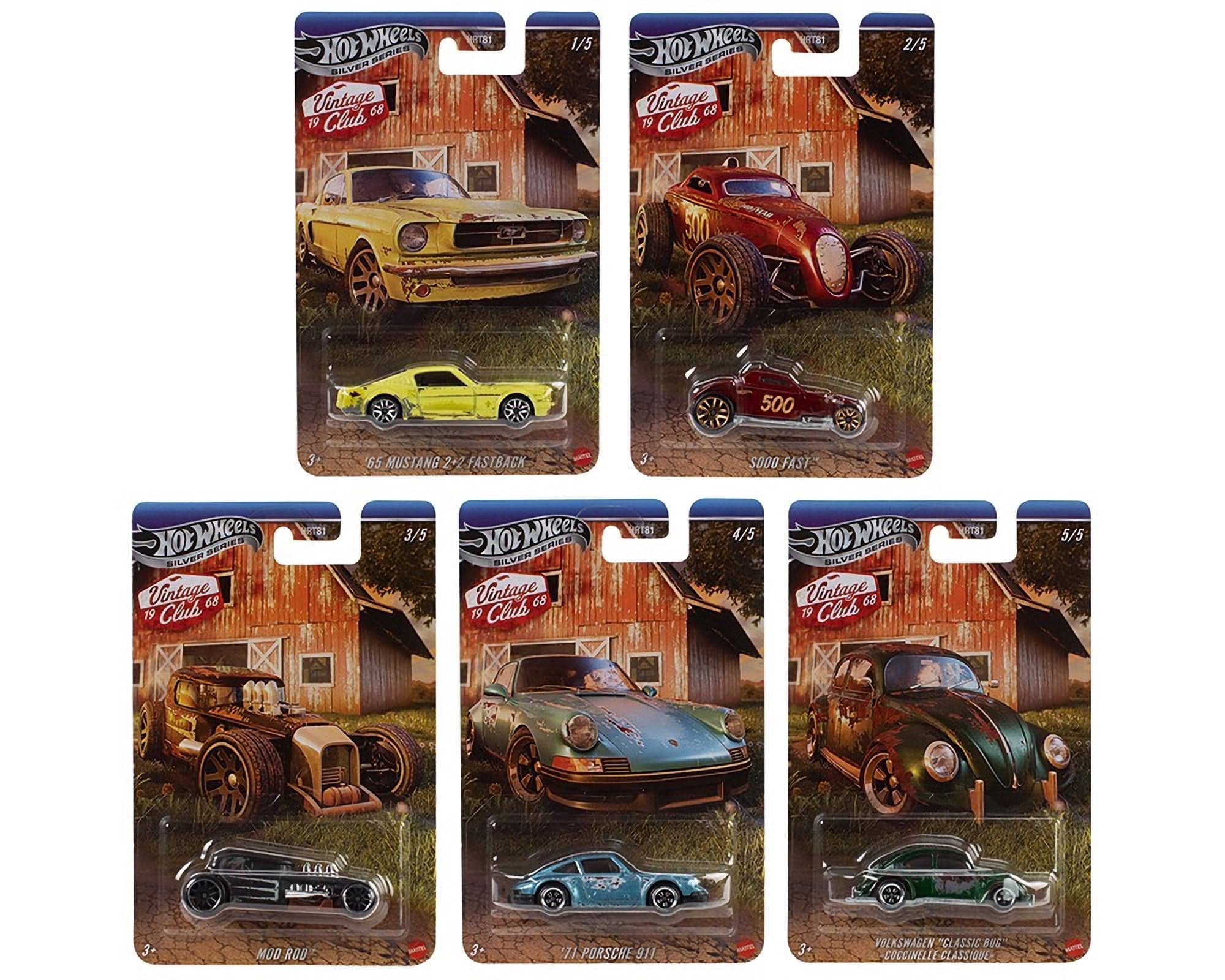 Hot Wheels Vintage Club Grand Prix Die-Cast Cars Collection, 5-Pack Set with '65 Mustang, Sooo Fast, Mod Rod, '71 Porsche 911, Volkswagen Classic Bug HRT81-956H