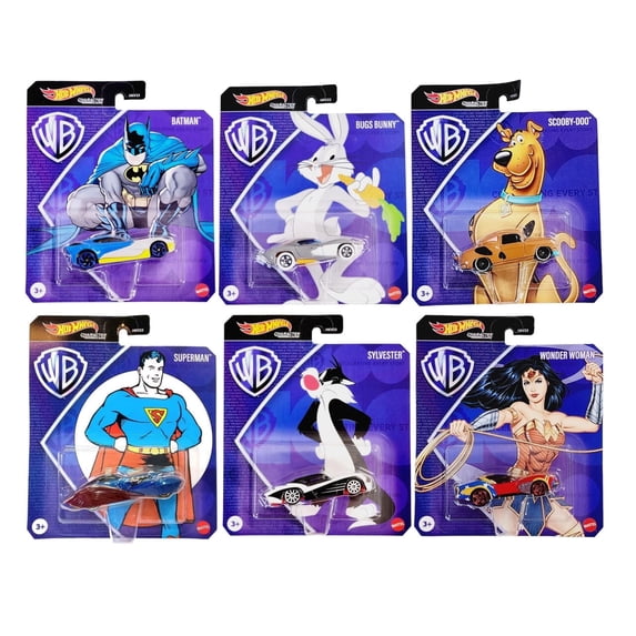 Hot Wheels Warner Bros DC Scooby and Looney Tunes Character Cars Complete Set of 6 Diecast Vehicles