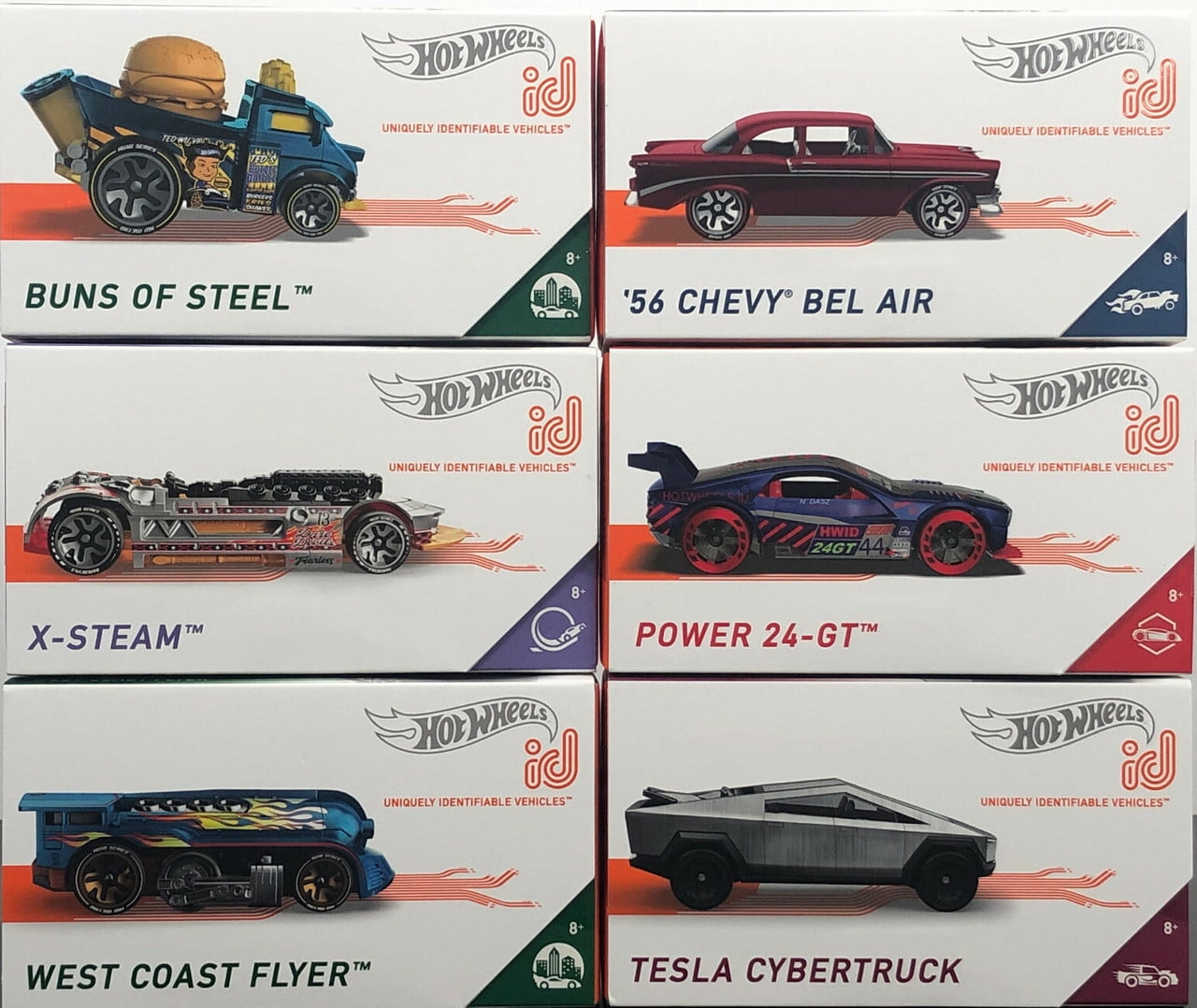 Hot Wheels id Cars Complete Set of 6 Diecast Vehicles from HDH85-979B Release with Tesla Cybertruck, '56 Chevy Bel Air and More