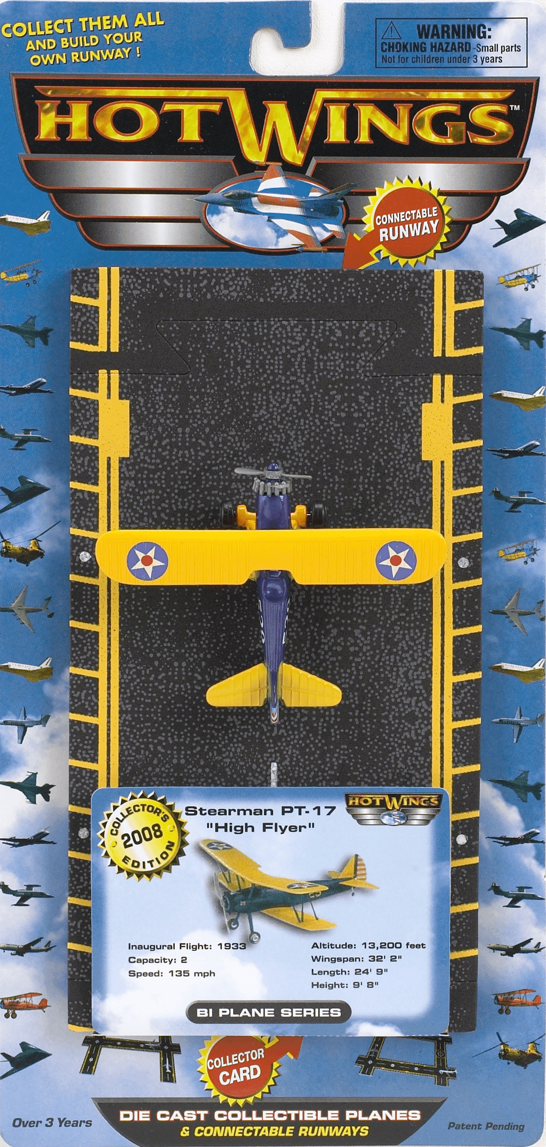 HOT WINGS PLANES Hot Wings Stearman PT-17 High Flyer Diecast Collectible Plane with Connectible Runway #1 Seller in Aviation Museums Nationwide