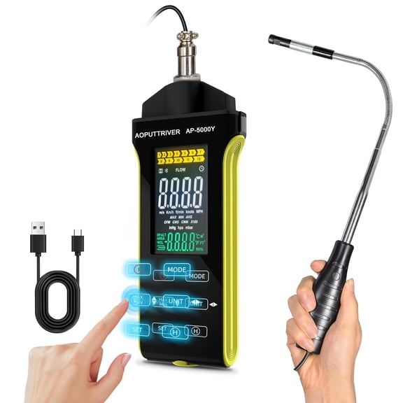 Hot Wire Anemometer Handheld CFM/CMM Air Flow Meter with 360 Revolve Telescopic Probe Measures Airflow and Temperature in Air Flow Velocity for HVAC Cone Duct-AP-5000Y