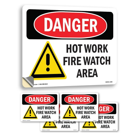 Hot Work Fire Watch Area OSHA Danger Vinyl Decal Label 7 Inch x 5 Inch - 5 Pack