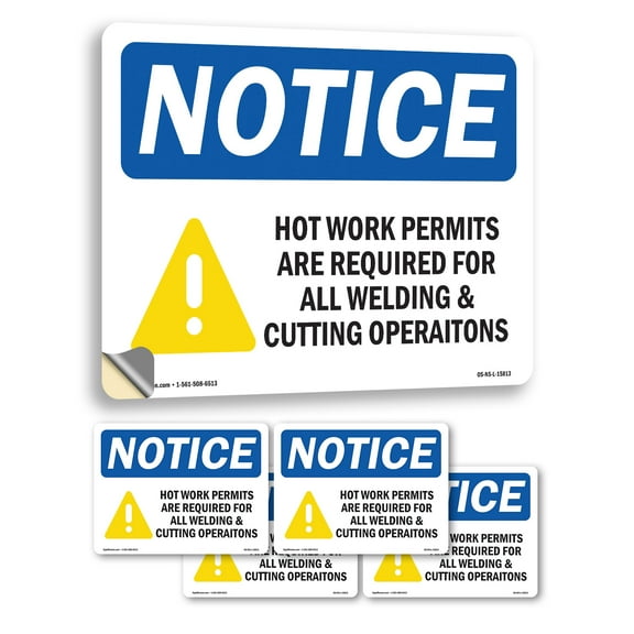 Hot Work Permits Required Welding Cutting OSHA Notice Vinyl Decal Label 5 Inch x 3.5 Inch - 5 Pack