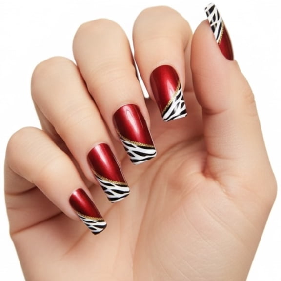 Red Animal Print French Press On Nails, Long Square False Tips Artificial Fake Nails Set