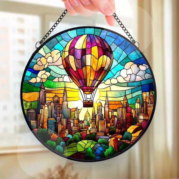 Hot air Balloon Flying Over a City Skyline Suncatcher Indoor/Outdoor Stained Glass Window Hanging Handmade Suncatchers Decoration for Home Garden Christmas Party Wedding Housewarming Gi