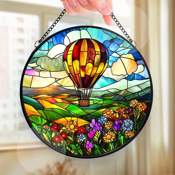 Hot air Balloon Over a Wildflower Meadow Suncatcher Indoor/Outdoor Stained Glass Window Hanging Handmade Suncatchers Decoration for Home Garden Christmas Party Wedding Housewarming Gift