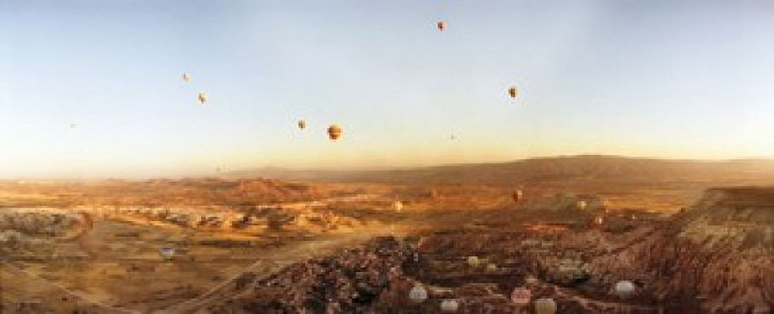 Hot air balloons over landscape at sunrise Cappadocia Central Anatolia Region Turkey Canvas Art - Panoramic Images (15 x 6)